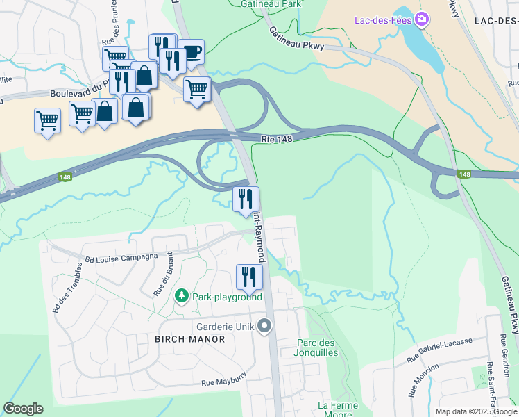 map of restaurants, bars, coffee shops, grocery stores, and more near Boulevard Saint-Raymond in Gatineau