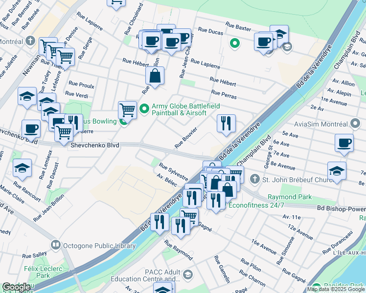 map of restaurants, bars, coffee shops, grocery stores, and more near 7700 Rue Bouvier in Montréal