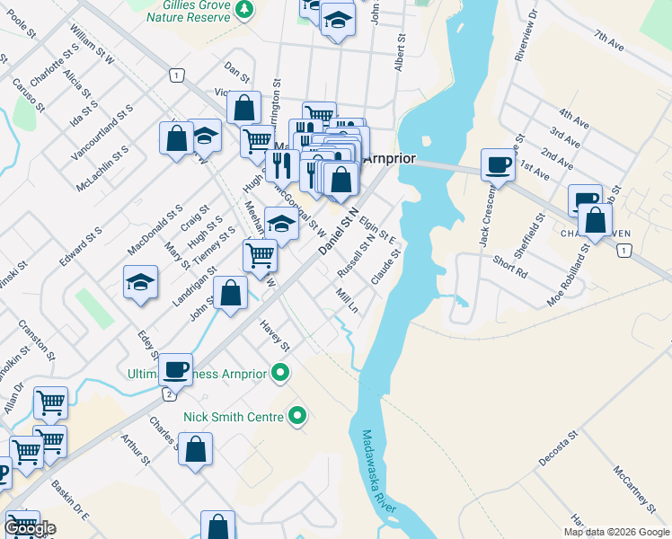 map of restaurants, bars, coffee shops, grocery stores, and more near 58 Russell Street North in Arnprior