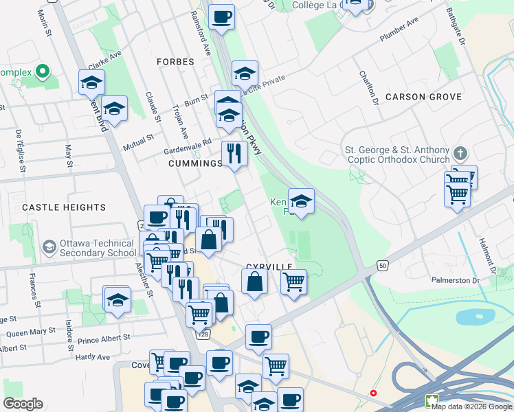 map of restaurants, bars, coffee shops, grocery stores, and more near 1140 Snow Street in Ottawa