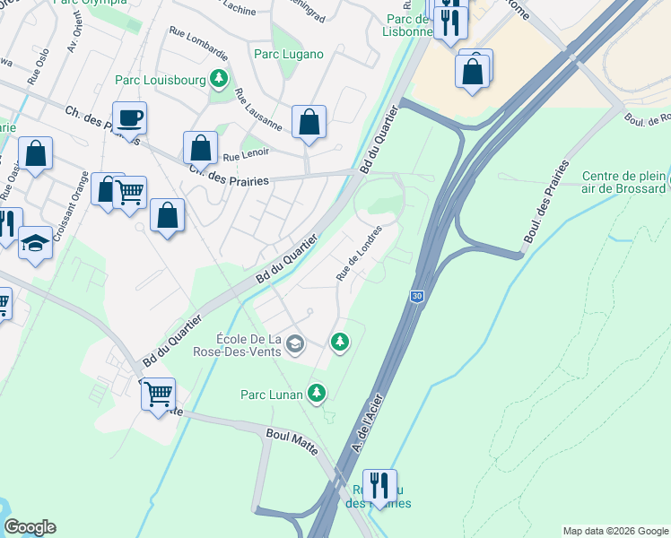 map of restaurants, bars, coffee shops, grocery stores, and more near 8270 Rue de Londres in Brossard