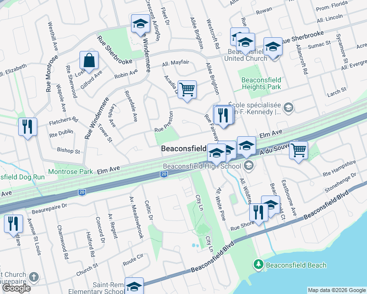 map of restaurants, bars, coffee shops, grocery stores, and more near 301 Avenue Elm in Beaconsfield