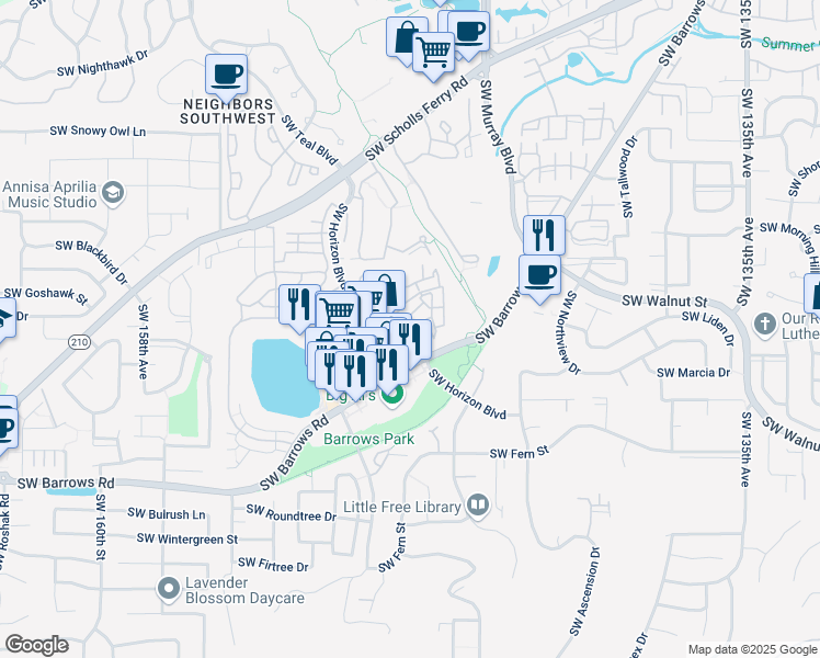 map of restaurants, bars, coffee shops, grocery stores, and more near 12230 Southwest Horizon Boulevard in Beaverton