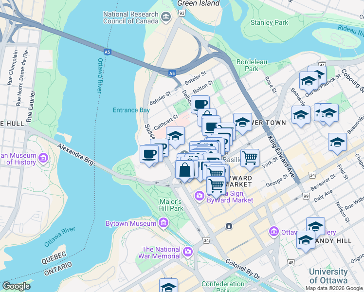 map of restaurants, bars, coffee shops, grocery stores, and more near 52 Saint Andrew Street in Ottawa
