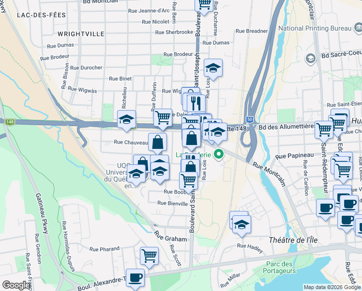 map of restaurants, bars, coffee shops, grocery stores, and more near 56 Rue Jogues in Gatineau