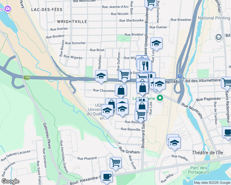 map of restaurants, bars, coffee shops, grocery stores, and more near 19 Rue Chauveau in Gatineau