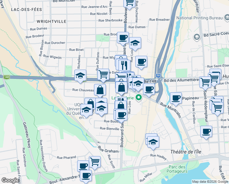 map of restaurants, bars, coffee shops, grocery stores, and more near 56 Rue Jogues in Gatineau