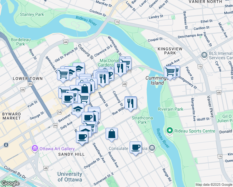 map of restaurants, bars, coffee shops, grocery stores, and more near 219 Cobourg Street in Ottawa