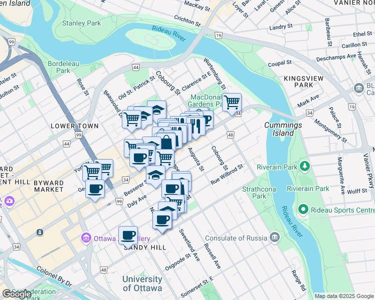 map of restaurants, bars, coffee shops, grocery stores, and more near 180 Augusta Street in Ottawa