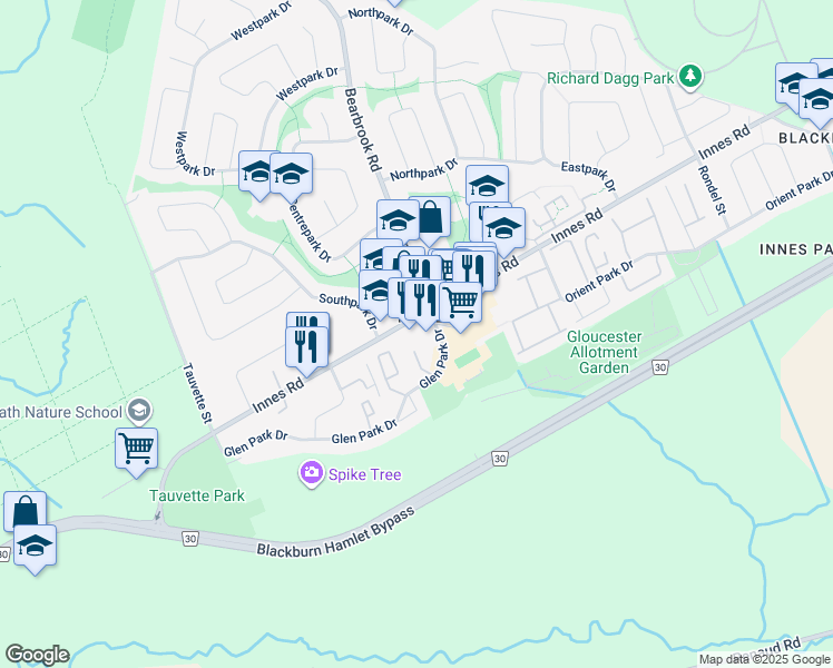 map of restaurants, bars, coffee shops, grocery stores, and more near 1959 Fairglen Mews in Ottawa