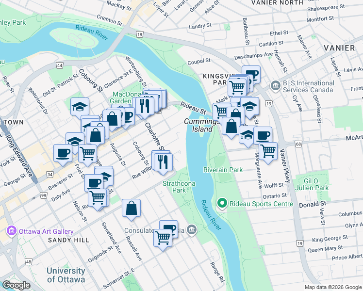 map of restaurants, bars, coffee shops, grocery stores, and more near 555 Wilbrod Street in Ottawa