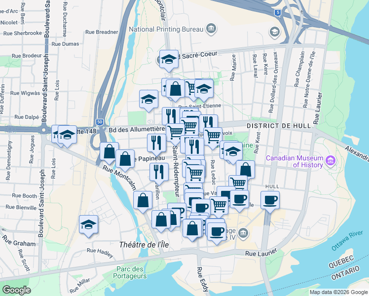 map of restaurants, bars, coffee shops, grocery stores, and more near 88 Rue Garneau in Gatineau