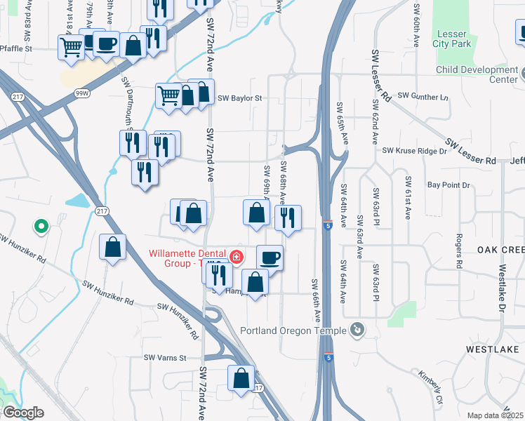 map of restaurants, bars, coffee shops, grocery stores, and more near 12411-12445 Southwest 69th Avenue in Tigard