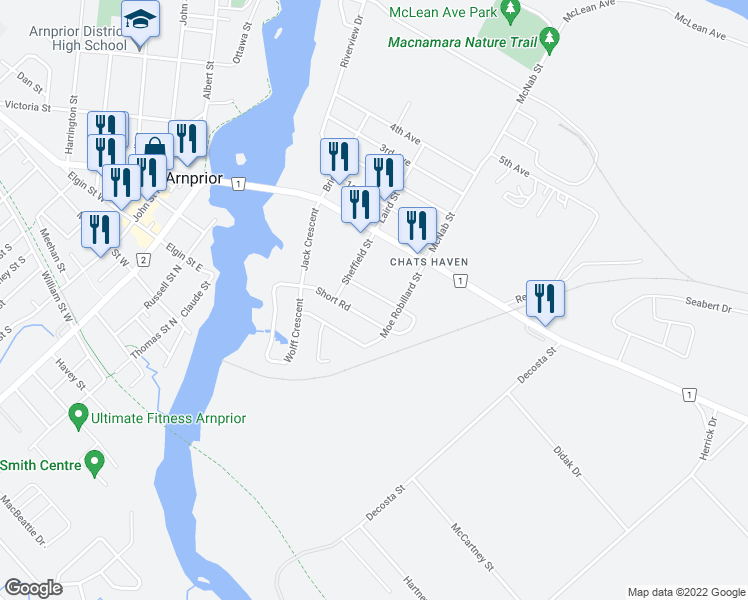 map of restaurants, bars, coffee shops, grocery stores, and more near 25 Melville Road in Arnprior