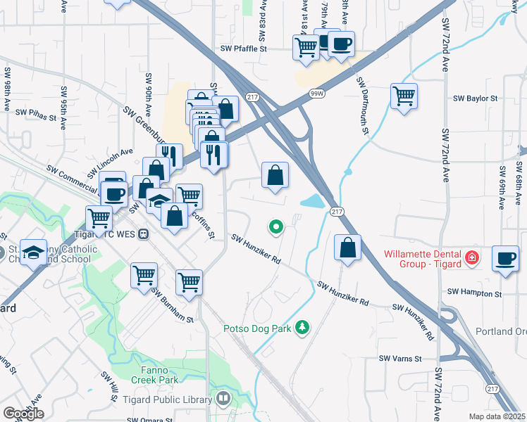 map of restaurants, bars, coffee shops, grocery stores, and more near 12420 Southwest Knoll Drive in Tigard