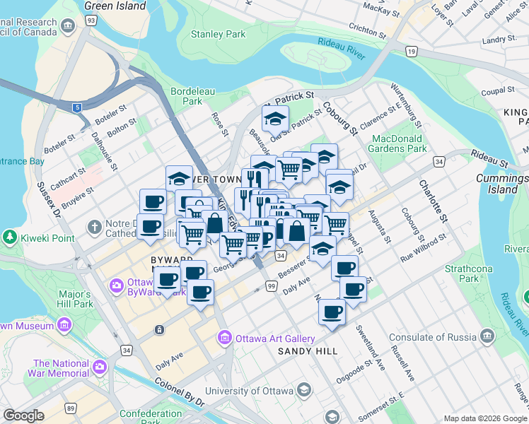 map of restaurants, bars, coffee shops, grocery stores, and more near 90 Nelson Street in Ottawa