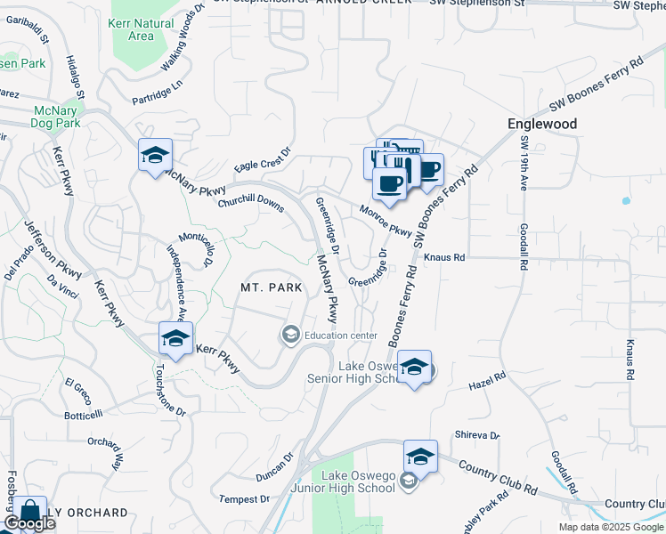 map of restaurants, bars, coffee shops, grocery stores, and more near 206 Greenridge Drive in Lake Oswego