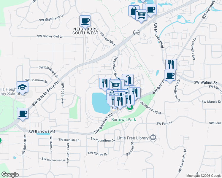 map of restaurants, bars, coffee shops, grocery stores, and more near 12345 Southwest Horizon Boulevard in Beaverton