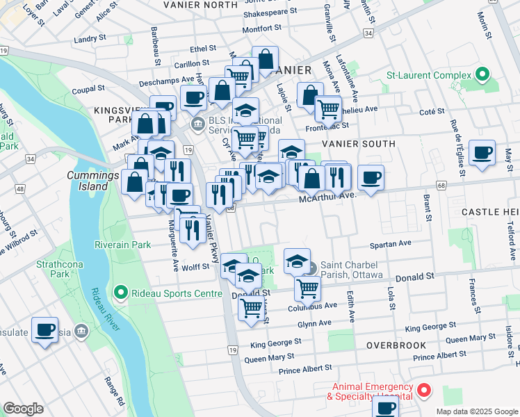 map of restaurants, bars, coffee shops, grocery stores, and more near 369 Larouche Street in Ottawa