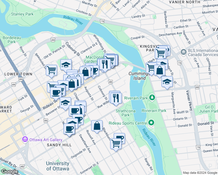 map of restaurants, bars, coffee shops, grocery stores, and more near 406 Daly Avenue in Ottawa