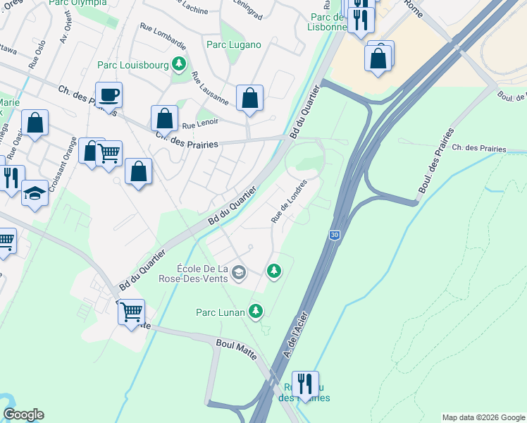 map of restaurants, bars, coffee shops, grocery stores, and more near 6135 Rue de Lusa in Brossard