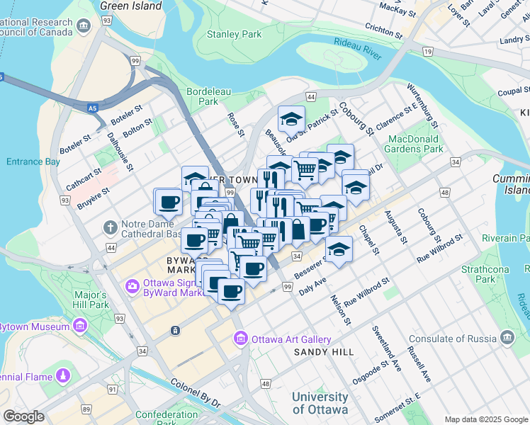 map of restaurants, bars, coffee shops, grocery stores, and more near 241 York Street in Ottawa