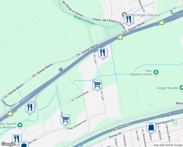map of restaurants, bars, coffee shops, grocery stores, and more near 650 Avenue Lee in Montréal