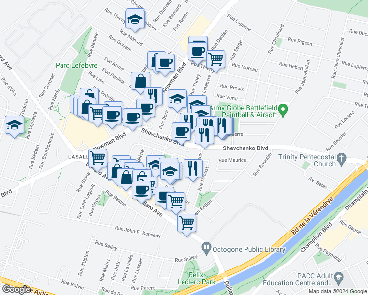 map of restaurants, bars, coffee shops, grocery stores, and more near 1600 Shevchenko Boulevard in Montreal