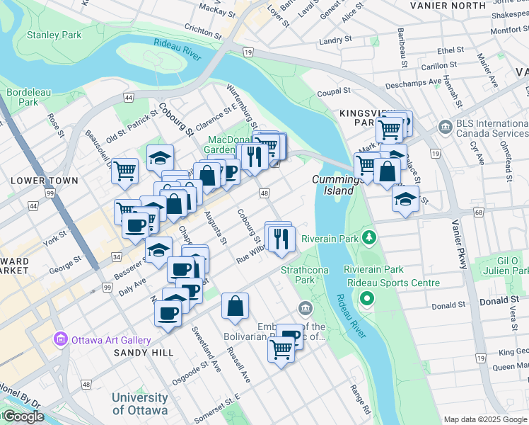 map of restaurants, bars, coffee shops, grocery stores, and more near 406 Daly Avenue in Ottawa