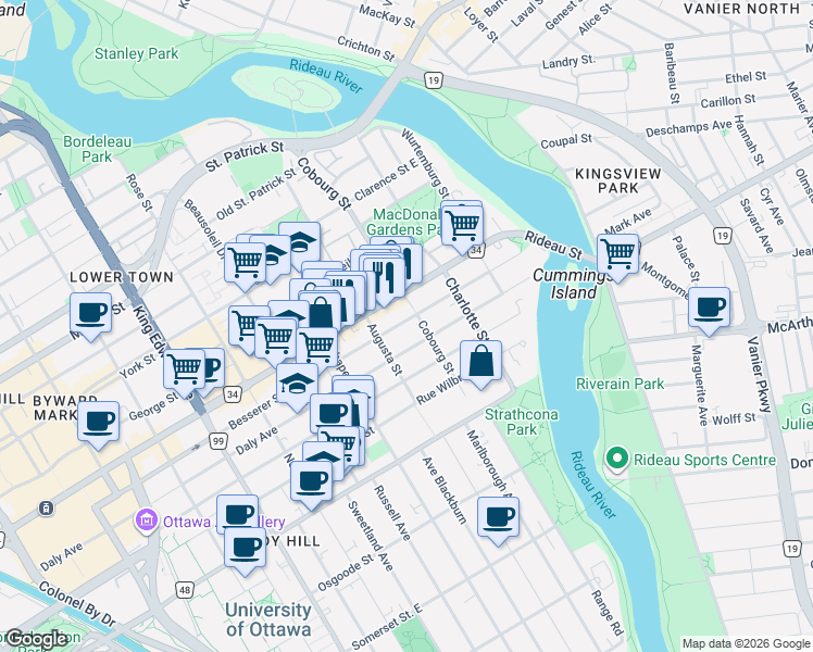 map of restaurants, bars, coffee shops, grocery stores, and more near 468 Besserer Street in Ottawa