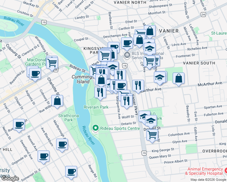 map of restaurants, bars, coffee shops, grocery stores, and more near in Ottawa