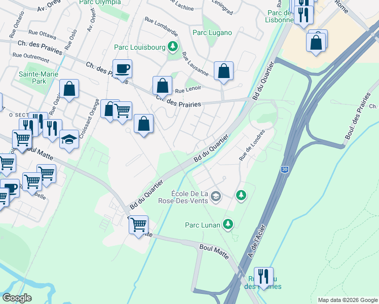 map of restaurants, bars, coffee shops, grocery stores, and more near 8920 Croissant du Louvre in Brossard