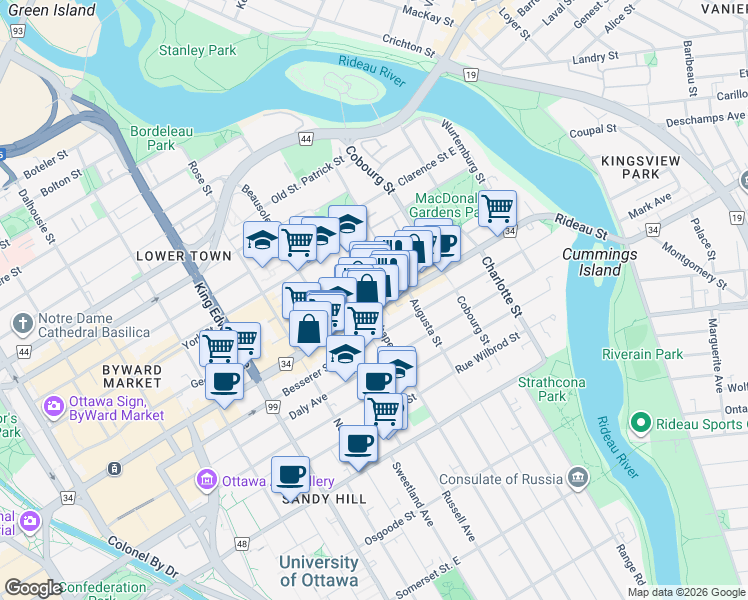 map of restaurants, bars, coffee shops, grocery stores, and more near 165 Chapel Street in Ottawa