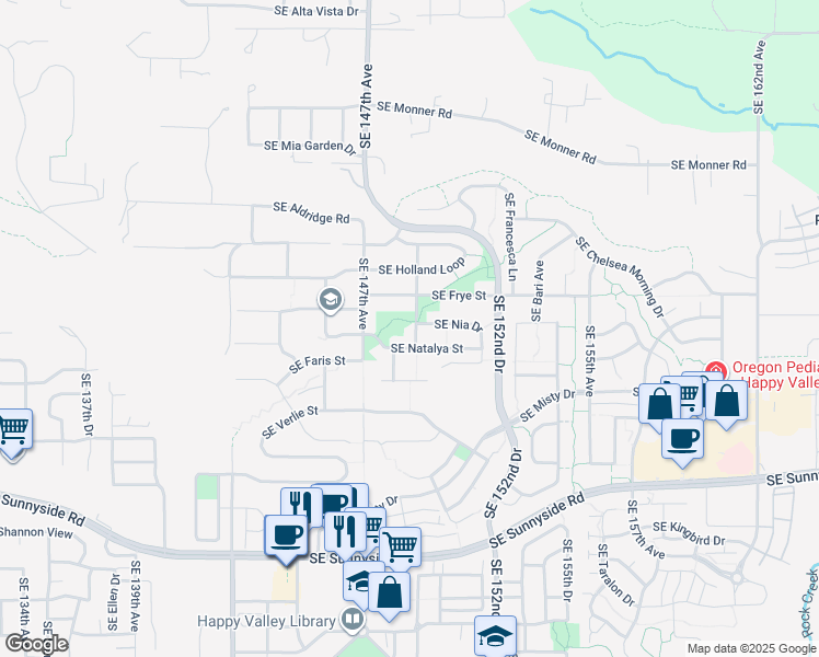 map of restaurants, bars, coffee shops, grocery stores, and more near Southeast Sonora Way in Happy Valley