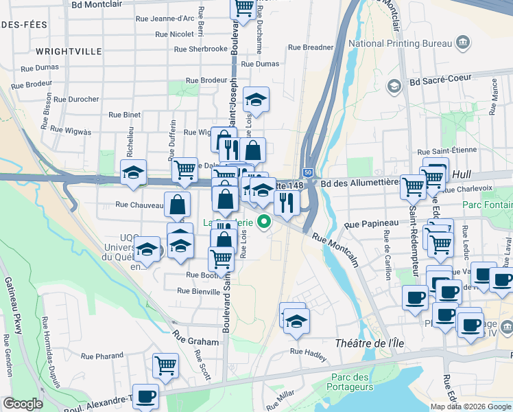 map of restaurants, bars, coffee shops, grocery stores, and more near 216 Rue Montcalm in Gatineau