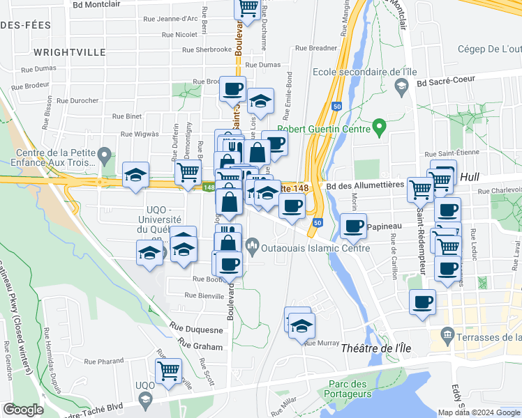 map of restaurants, bars, coffee shops, grocery stores, and more near 216 Rue Montcalm in Gatineau
