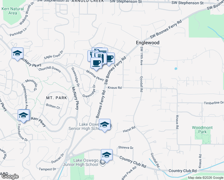map of restaurants, bars, coffee shops, grocery stores, and more near 13132 Thoma Road in Lake Oswego