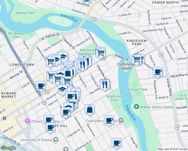 map of restaurants, bars, coffee shops, grocery stores, and more near 219 Cobourg Street in Ottawa