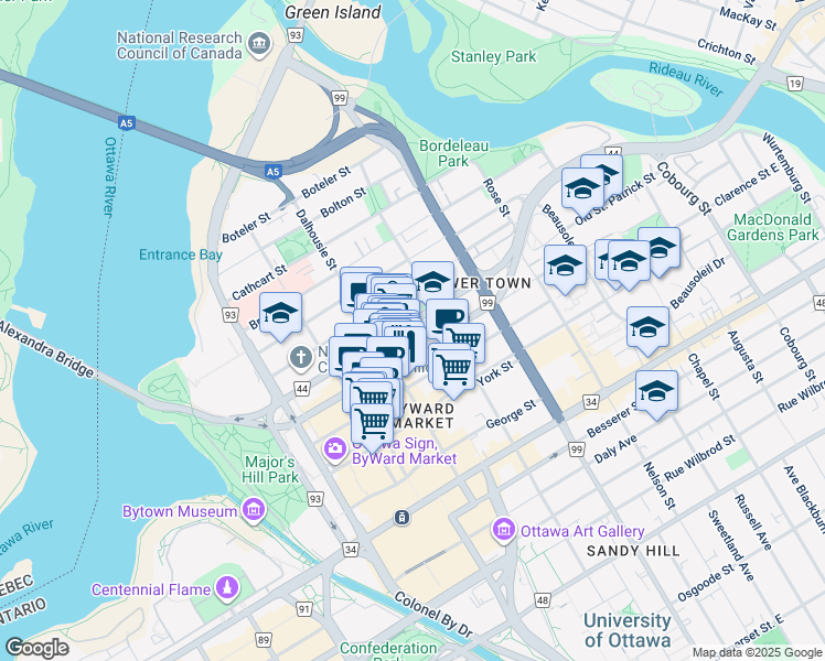 map of restaurants, bars, coffee shops, grocery stores, and more near 263 Dalhousie Street in Ottawa