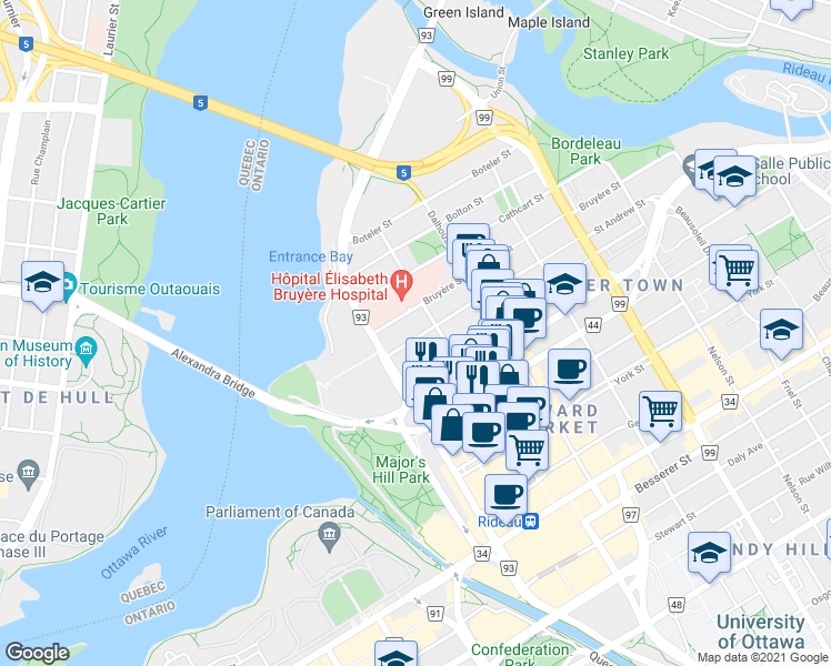 map of restaurants, bars, coffee shops, grocery stores, and more near 58 Guigues Avenue in Ottawa