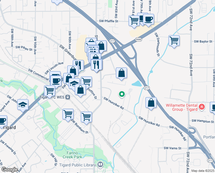 map of restaurants, bars, coffee shops, grocery stores, and more near 12420 Southwest Knoll Drive in Tigard