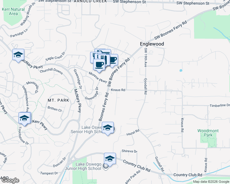 map of restaurants, bars, coffee shops, grocery stores, and more near 13132 Thoma Road in Lake Oswego