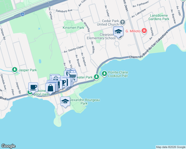 map of restaurants, bars, coffee shops, grocery stores, and more near 231 Chemin du Bord-du-Lac in Pointe-Claire