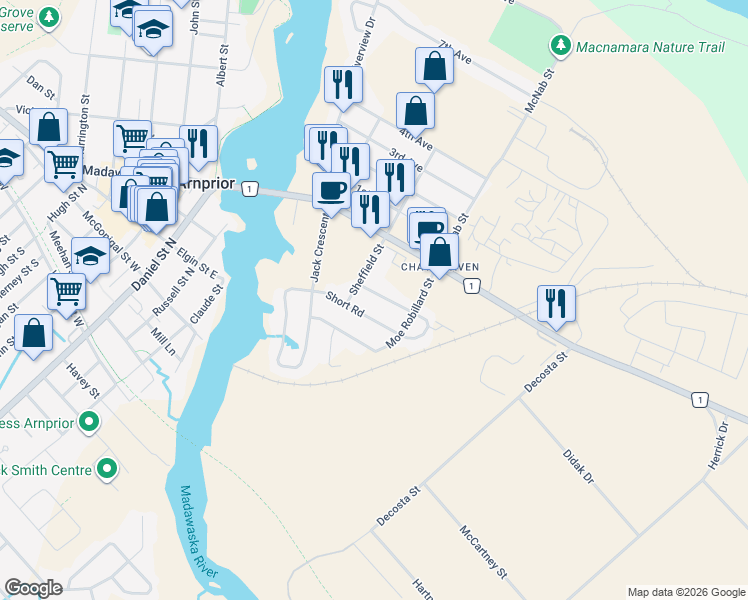 map of restaurants, bars, coffee shops, grocery stores, and more near 78 Short Road in Arnprior