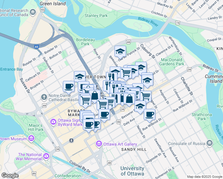 map of restaurants, bars, coffee shops, grocery stores, and more near 253 York Street in Ottawa