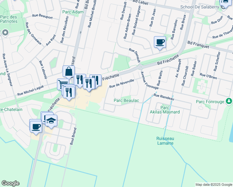 map of restaurants, bars, coffee shops, grocery stores, and more near 1671 Rue de la Fresnière in Chambly