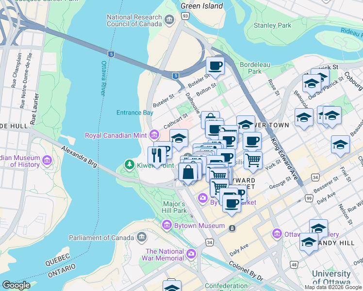 map of restaurants, bars, coffee shops, grocery stores, and more near 47 Saint Andrew Street in Ottawa