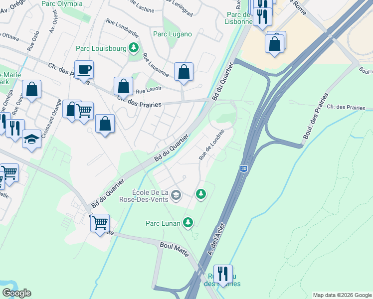map of restaurants, bars, coffee shops, grocery stores, and more near 6150 Rue de Lusa in Brossard