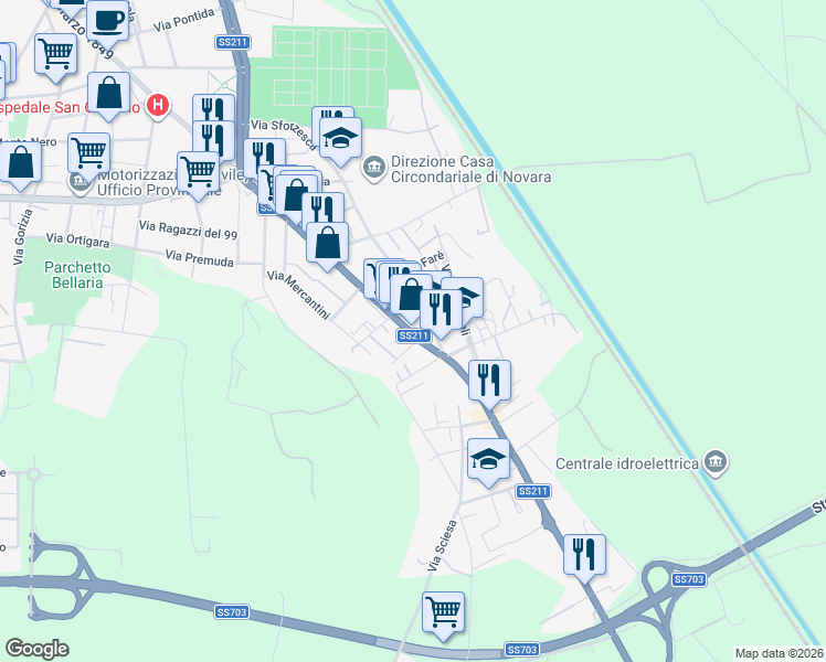 map of restaurants, bars, coffee shops, grocery stores, and more near 93 Via Sforzesca in Novara