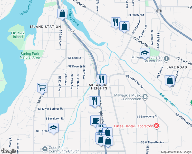 map of restaurants, bars, coffee shops, grocery stores, and more near 12576 Southeast 27th Avenue in Oak Grove